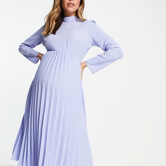 ASOS Maternity High Neck Pleated Long Sleeve Pink Midi Dress Women’s 4 NWOT - Picture 1 of 7